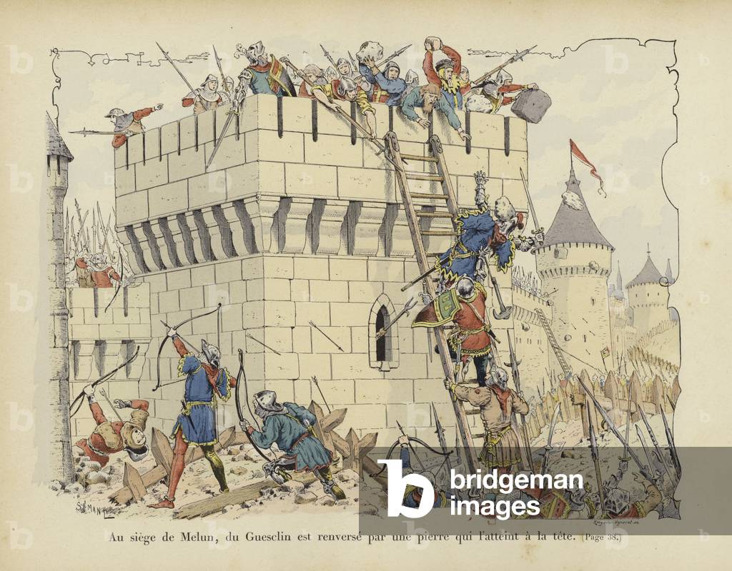 "Bertrand du Guesclin colpito sulla testa da una pietra all'assedio di Melun" di Paul de Semant