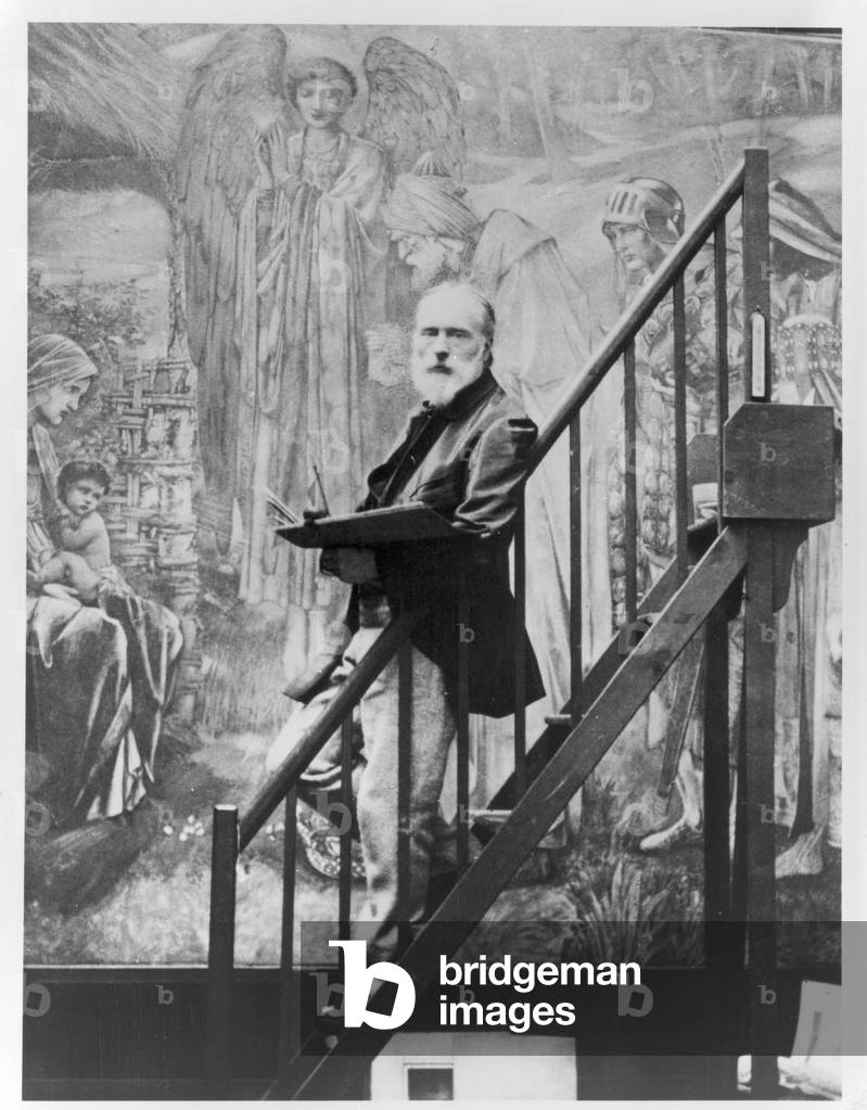 Edward Burne-Jones au travail sur l'étoile de Bethléem, 1890 (photo noir et blanc)