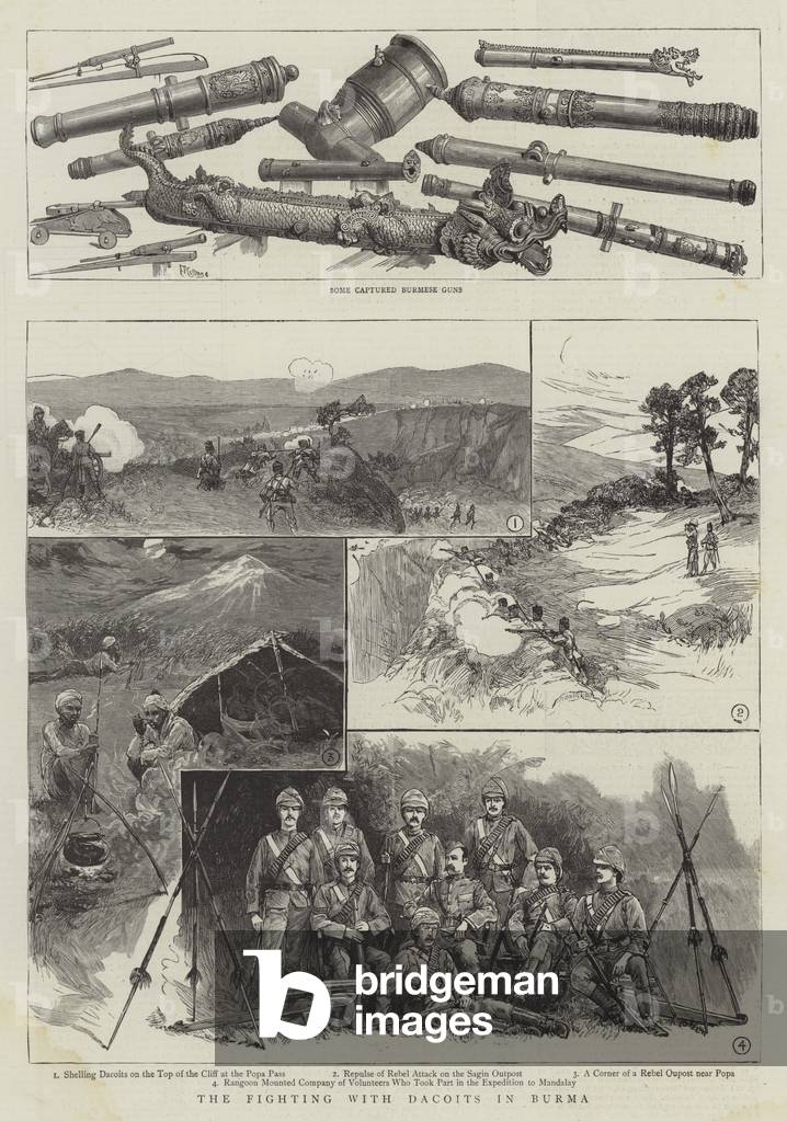 The Fighting with Dacoits in Burma (engraving) by English Artist, b/w