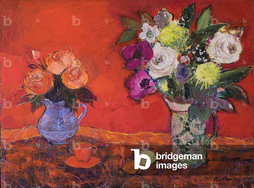 Due brocche di fiori su rosso, 2019 (acrilico)