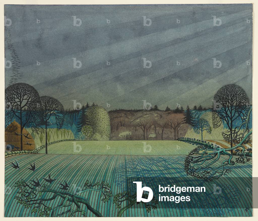 Paesaggio: seminativi e pascoli, c.1925 (inchiostro, w/c, pastello e matita su carta)