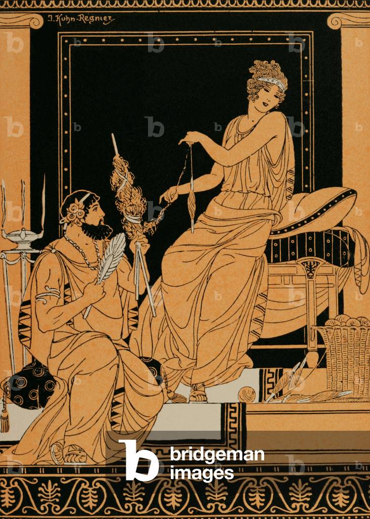 Image of Print depicting Heracles and Omphale. Drawing by J. Kuhn Regnier. by Joseph Kuhn-Regnier, b/w