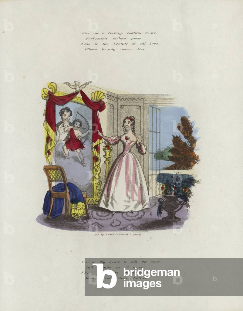 Carta di San Valentino inglese con un'immagine di una donna che guarda in uno specchio (colore lito)