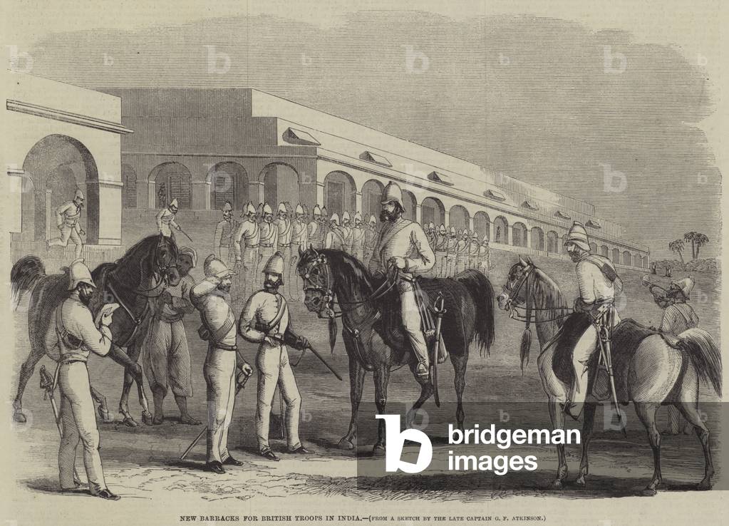 "Neue Kaserne für britische Truppen in Indien (Gravur)" von George Francklin Atkinson, b/w