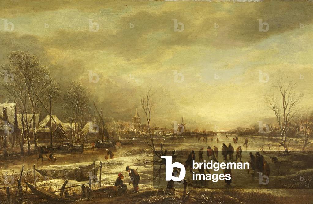 Immagine di Dipinto "Un paesaggio invernale con pattinatori" di Aert van der Neer, b/w