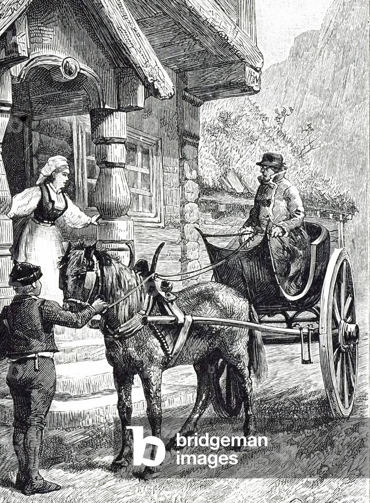 Un'incisione raffigurante un concerto - una carrozza leggera a due ruote trainata da un cavallo, XIX secolo