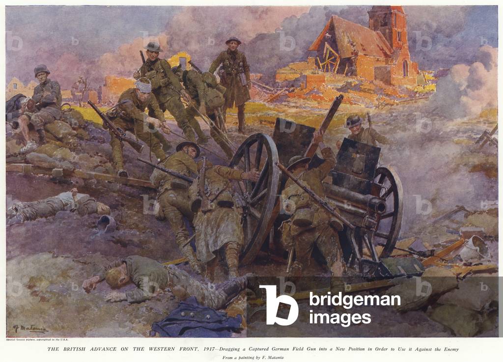 "Il British Advance sul Fronte occidentale (colore lito)" di Fortunino Matania