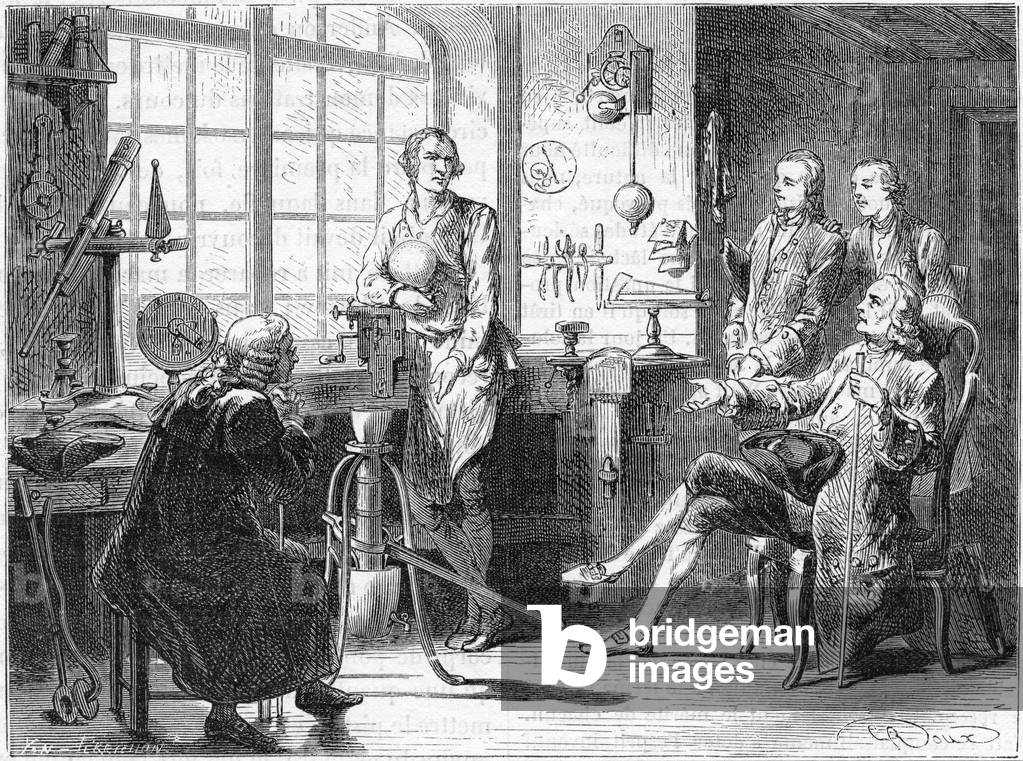 "Joseph Black in visita a James Watt nel suo laboratorio di Glasgow", b/w