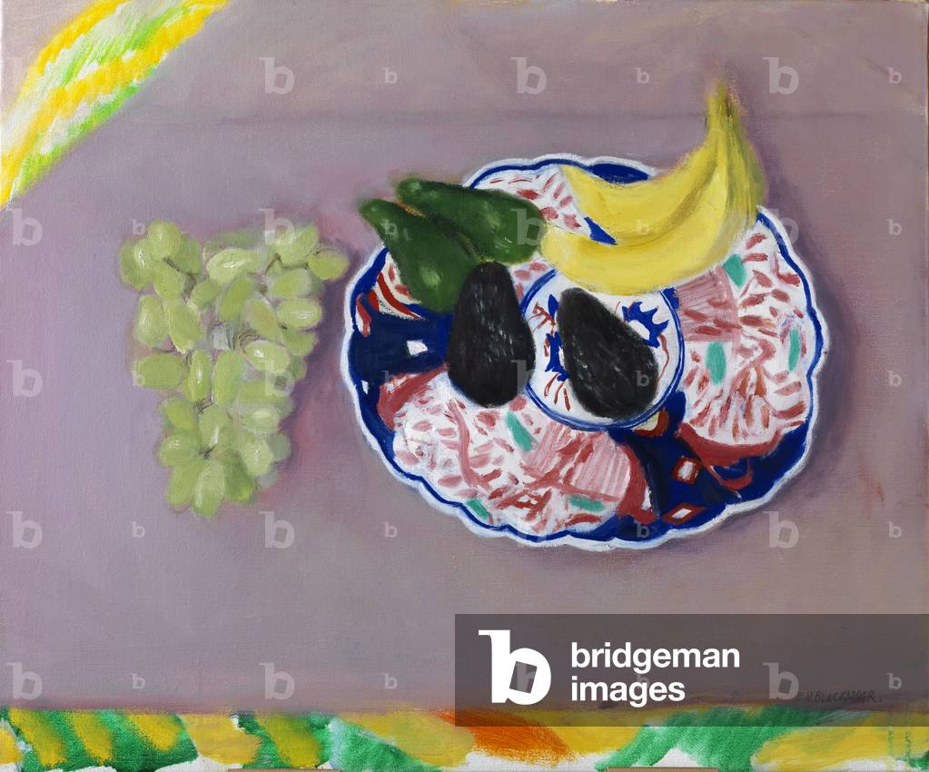 Bild von Gemälde "Obst auf einem japanischen Teller" 2010 von Dame Elizabeth Blackadder