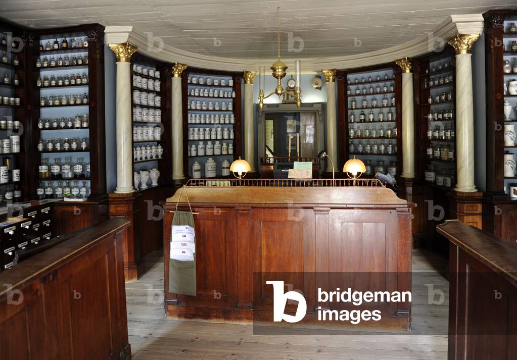 Finland. Turku. Pharmacy Museum and the Qwensel house. Collection of pharmacy utensils on display.
