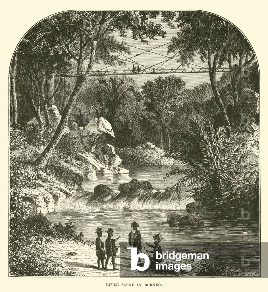Scena fluviale in Borneo (incisione)