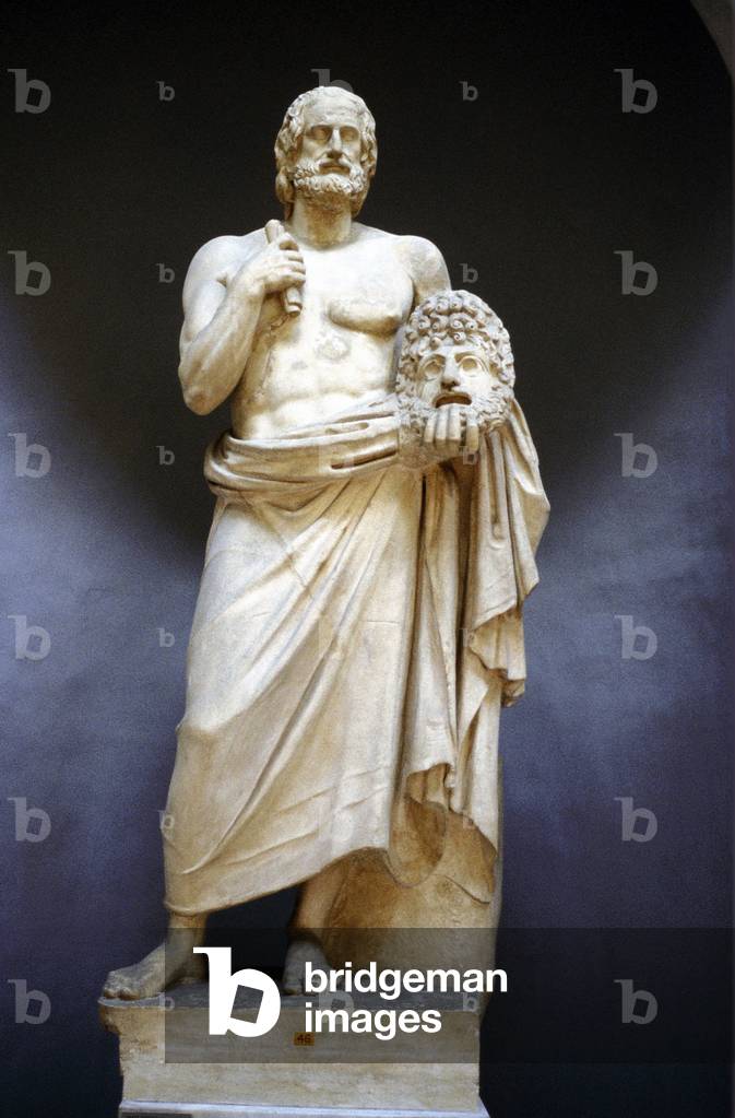 "Euripedes (c480-406 a.C.) Antico greco tragediano maschera di tragedia. Statua intera lunghezza."