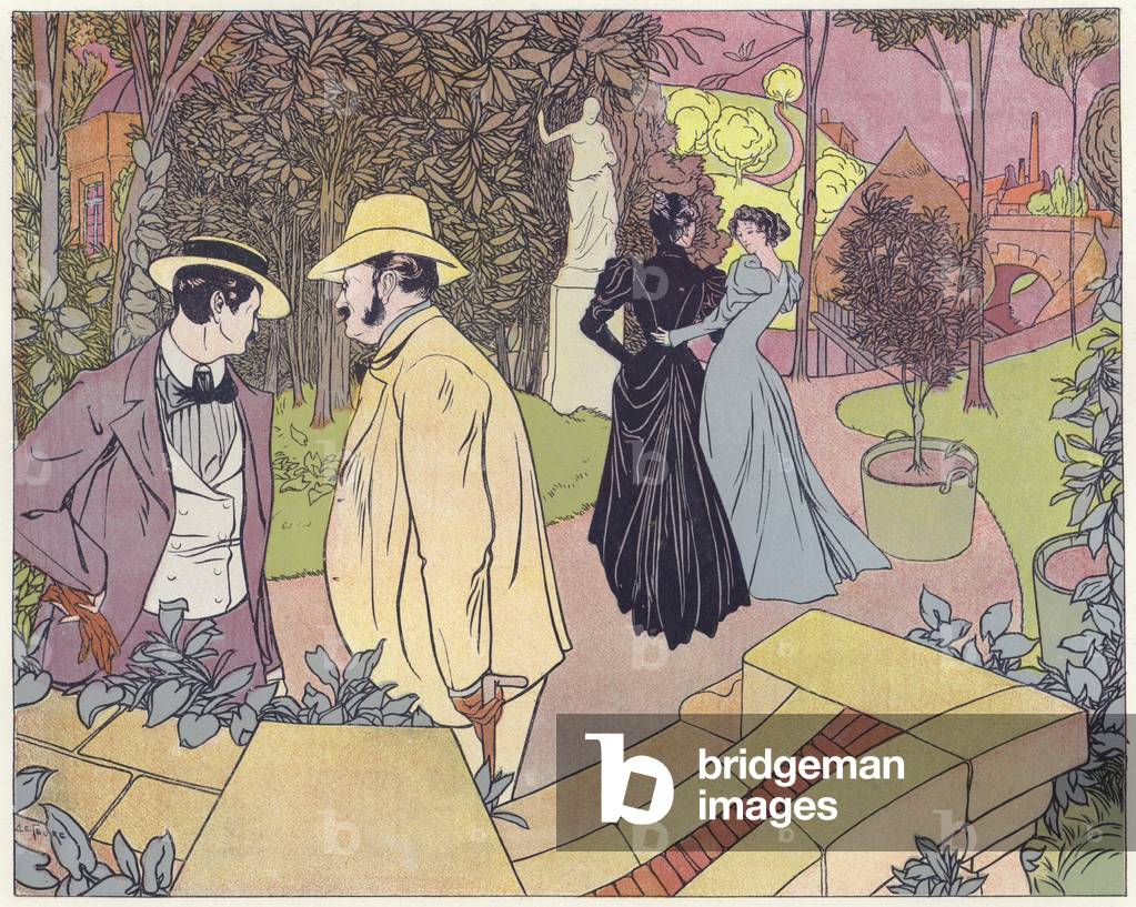 Due uomini stanno in conversazione come due donne camminare in un giardino (colore lito)