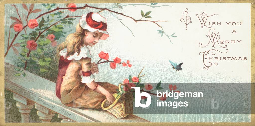 Mädchen sitzt auf Brücke, Weihnachtskarte. (Chromolitho)