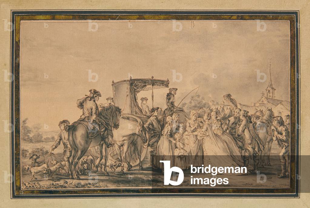 Image of Drawing depicting Marie Antoinette 1773 by Jean Michel the Younger Moreau, b/w