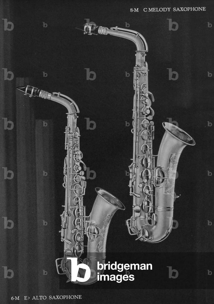 "A Charles Gerard Conn Eb Alto Saxophone 6-M E A 'C' Melody Saxophone 8-M", c.1930, b/w