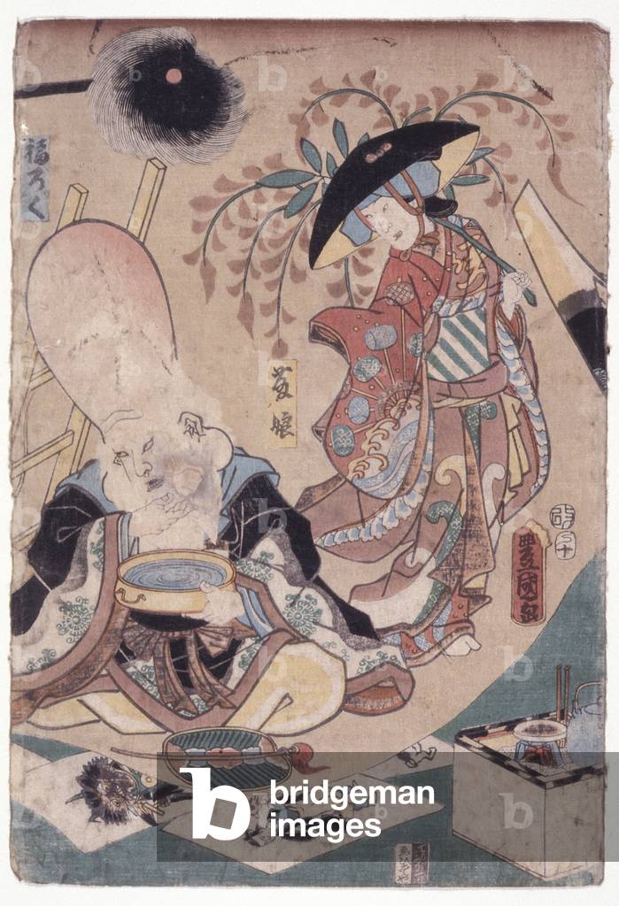 Fujimusume und Fukeroke (Farbe Holzschnitt)