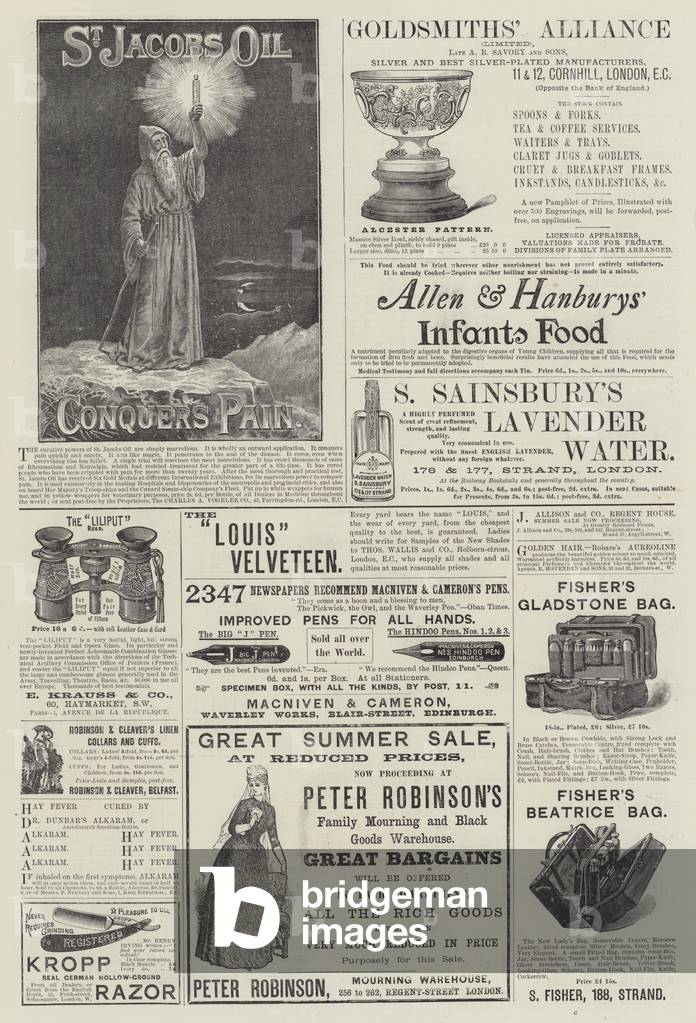 "Seite der Werbung (Gravur)" 1888 von English School, b/w