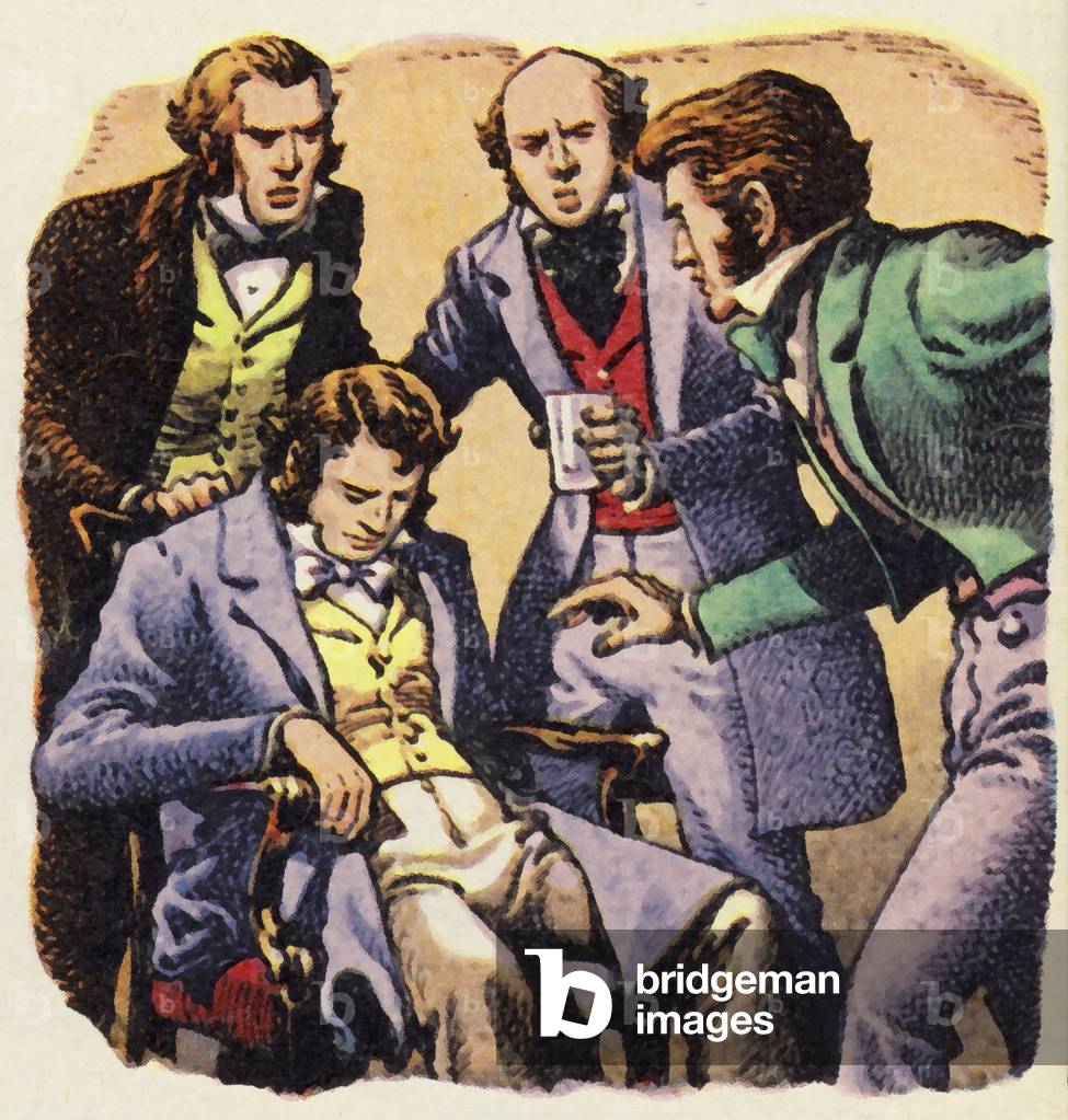 Immagine di Stampa "Dr. James Young Simpson sperimentando con anestesia su un amico (lito)" di Pat Nicolle