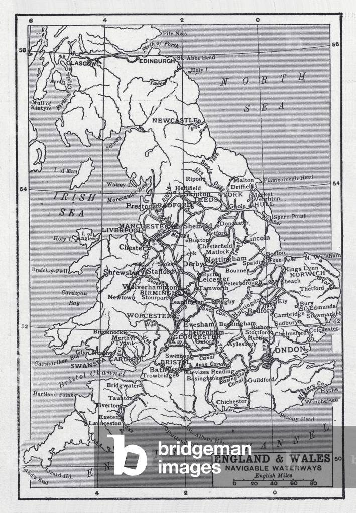 England und Wales, schiffbare Wasserstraßen (Litho)