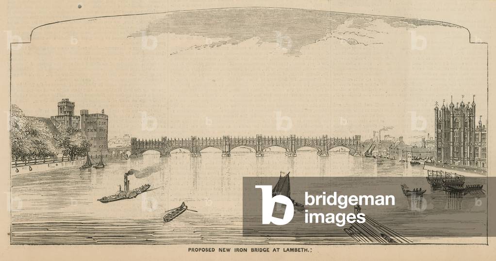 "Vorgeschlagene neue Eisenbrücke bei Lambeth (Gravur)" von English School, b/w