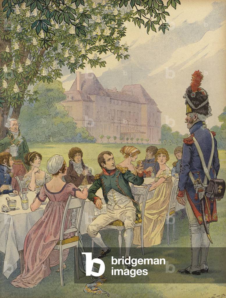 Napoleone Bonparte e Josephine ad una festa in giardino nei giardini del castello di Malmaison (colore lito)