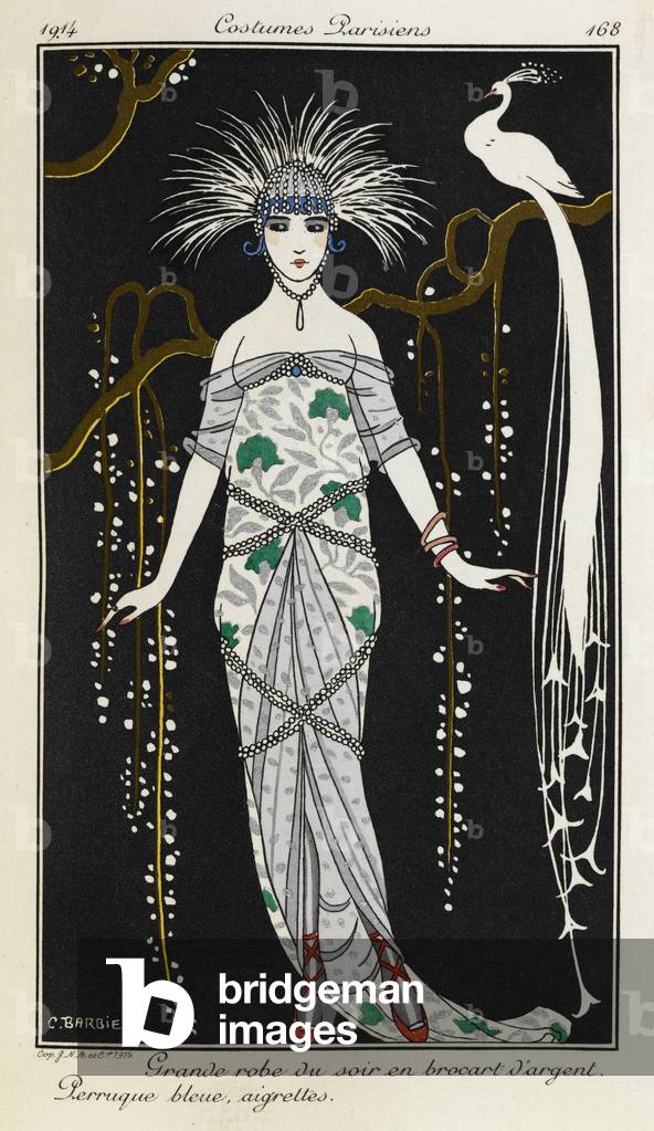 Bild von Druck "Grande robe du soir en brocart d'argent. Kostüme Pariser Nr. 73 Perrugue Bleue" von Georges Ba