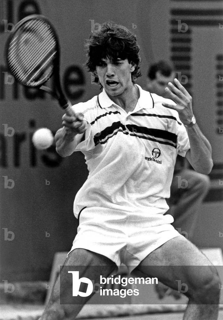 Spanish Tennisman Javier Sanchez during Match Against Patcash in Roland Garros, Paris, May 26, 1988 (b/w photo