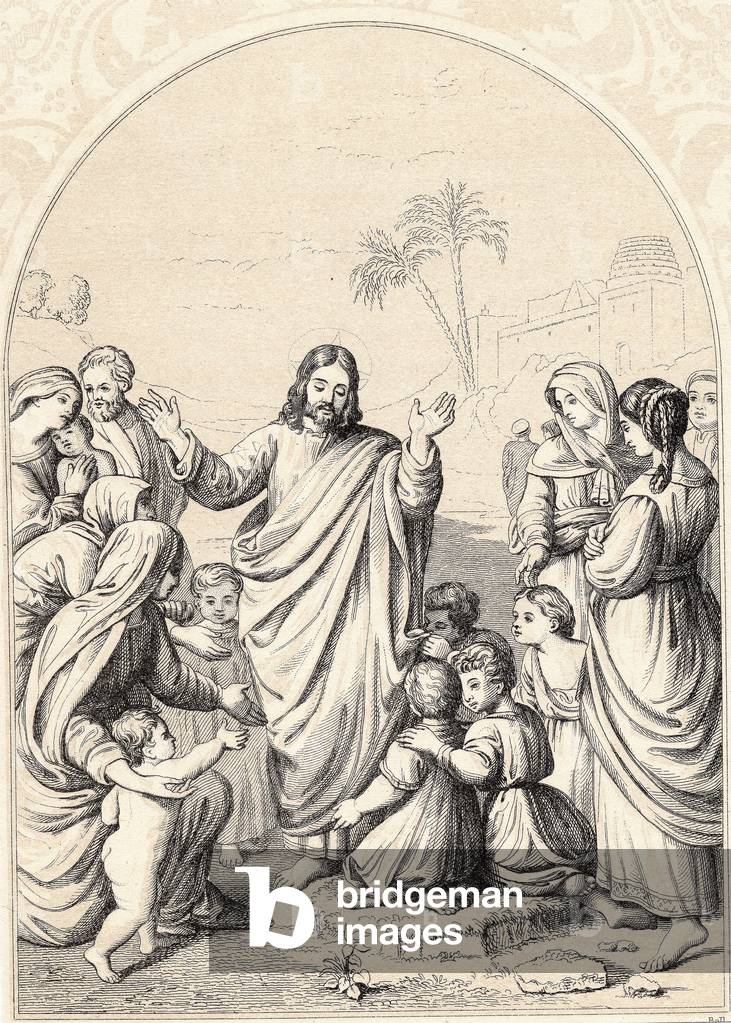 Immagine di Incisione "Cristo benedice i bambini piccoli. Incisione su legno (c.1880)", b/w