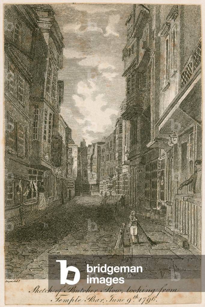 schizzo di macellaio fila, guardando da tempio bar, 9 giugno 1796 (incisione)