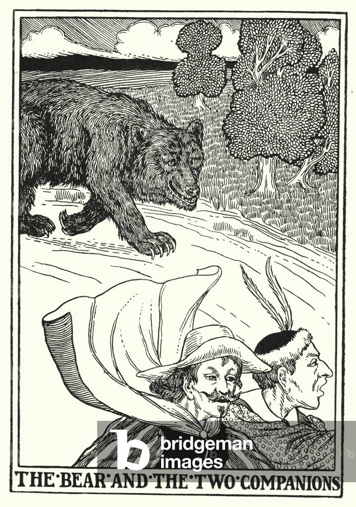 Immagine di Stampa "Favole di La Fontaine: L'orso e i due compagni (lito)" di Percy James Billinghurst