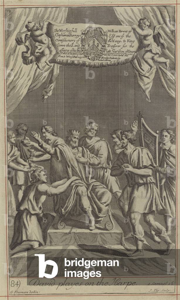 Image de Gravure représentant David joue sur la Harpe (gravure) 1701 par English School, b/w