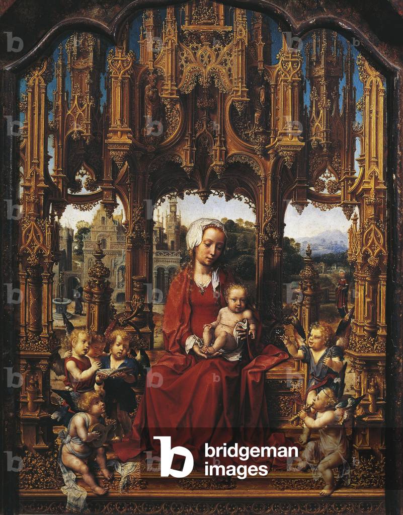 Madonna with Child and angel musicians, central panel of Malvern Triptych, 1511-15 (oil on panel)