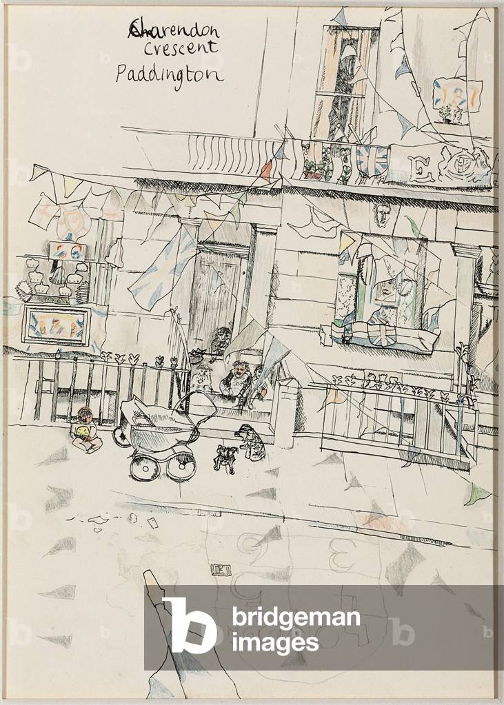 Clarendon Crescent, Paddington, 1953 (Tinte, Graphit & Bleistift auf Papier auf Karton gelegt)