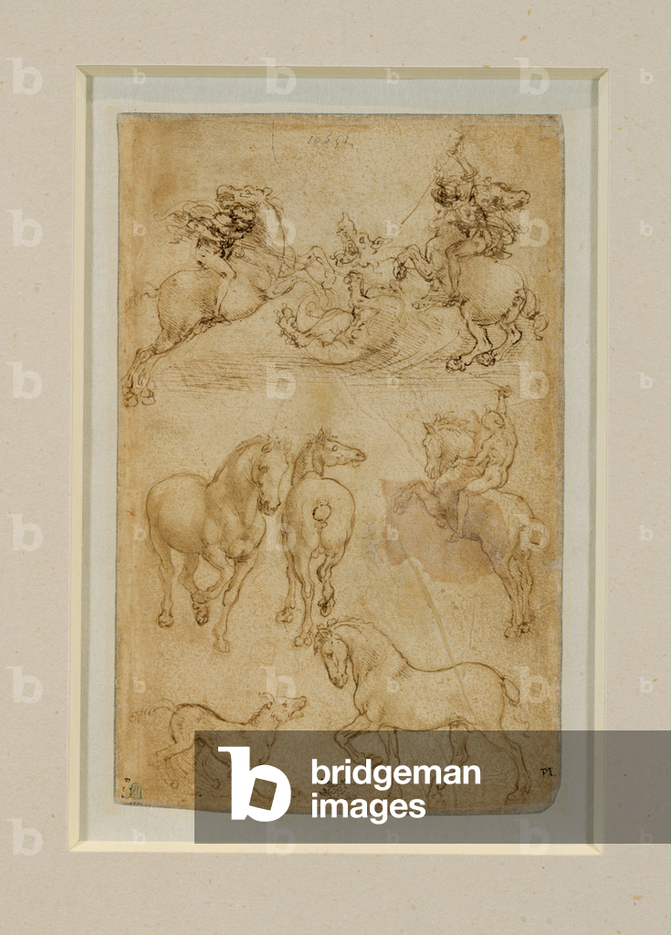Immagine di Disegno "Due cavalieri che combattono un drago; un cavaliere e due chevaux; un chien e un cheval .