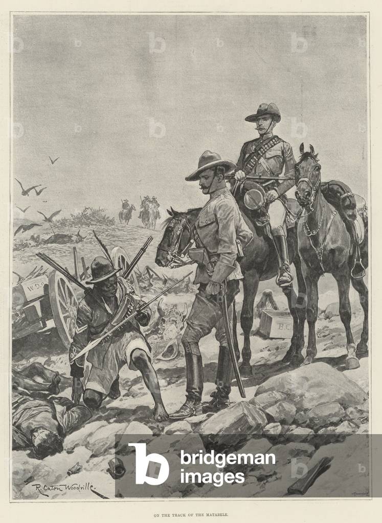 Immagine di Stampa "Sulla pista del Matabele (lito)" 1893 di Richard Caton II Woodville, b/w