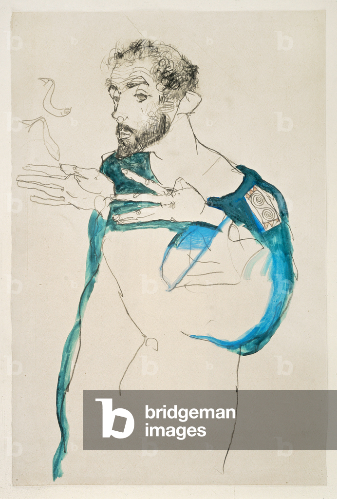 Painter Gustav Klimt in his blue painter's smock (gouache & pencil)