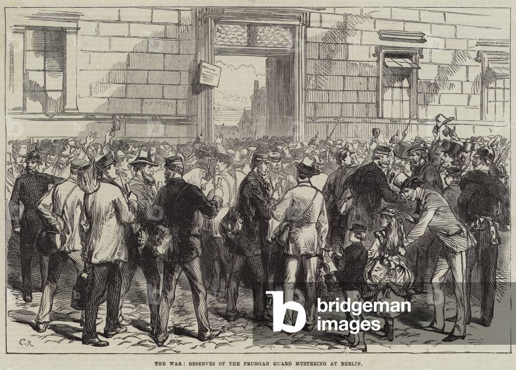 The War, Reserves of the Prussian Guard mustering at Berlin (engraving)