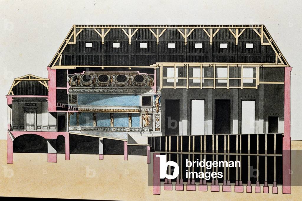 La sezione trasversale e diagonale del teatro, 'L'Album de Marie Antoinette. Vues et plans du Petit Trianon à 