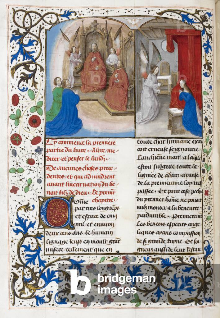 Miniatura di Dio Padre, in trono, con Cristo e due figure in ginocchio e lo Spirito Santo sopra, nell'Annuncia