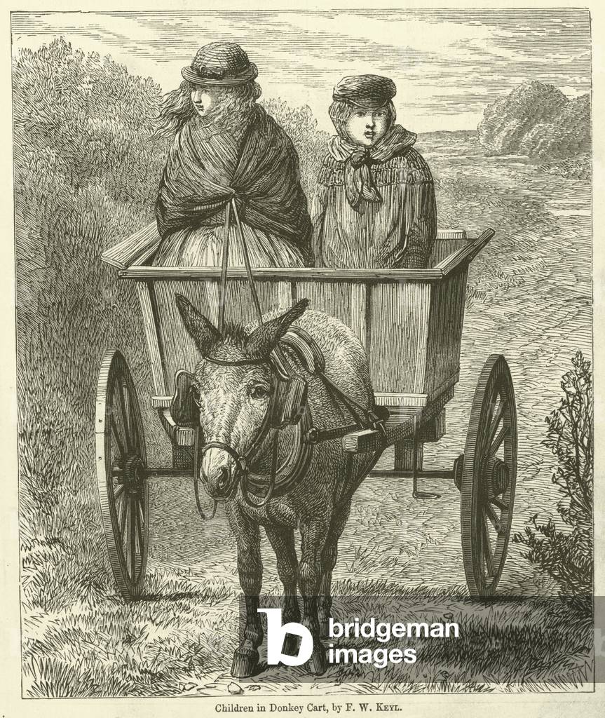 "Bambini in Carrello Donkey (incisione)" di Friedrich Wilhelm Keyl, b/w