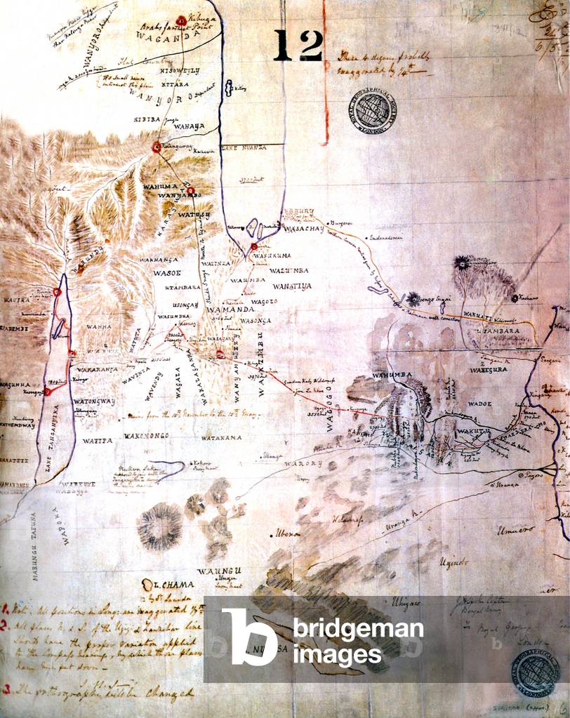 Mappa dei laghi nel centro dell'Africa (lago Victoria, lago Tanganyika, lago Nyassa) disegnata da Richard Fran