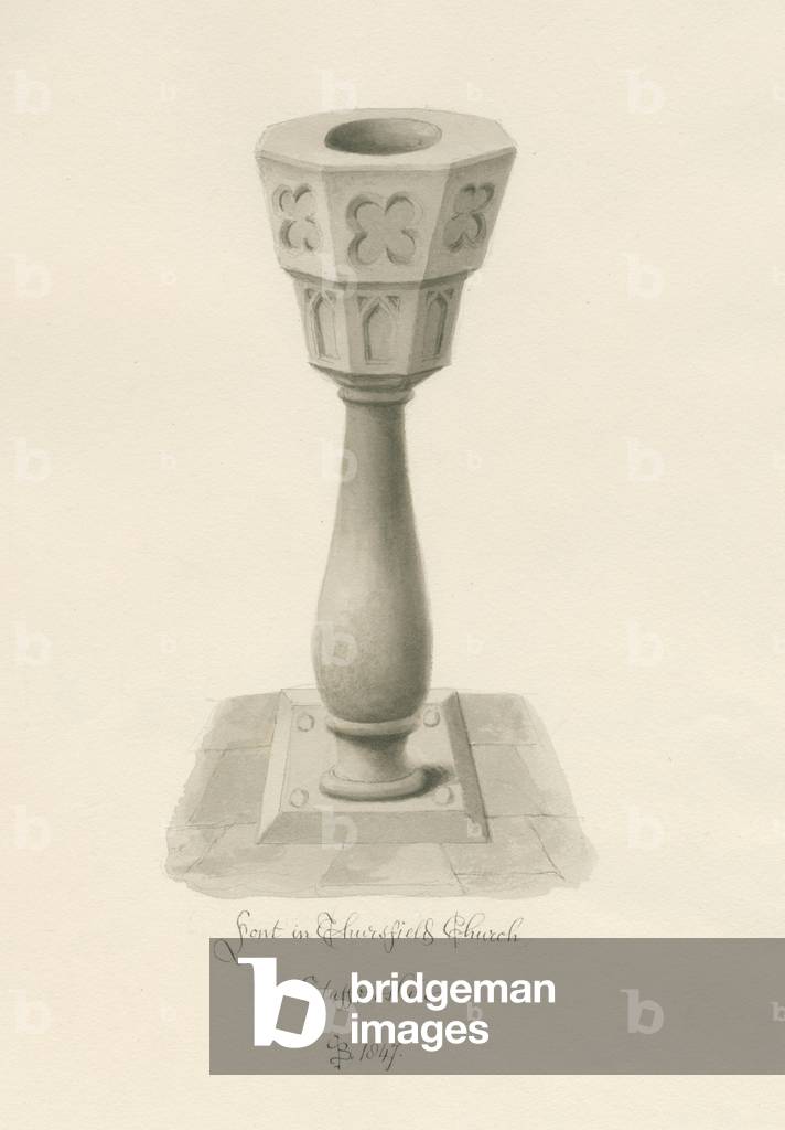 Font in Thursfield Chapel: disegno lavaggio seppia, 1847 (disegno)
