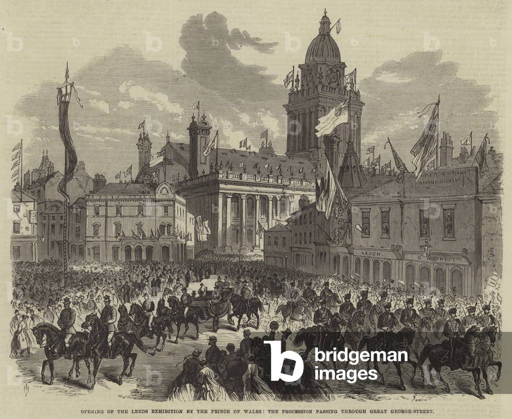 Apertura del Leeds Mostra dal Principe di Galles, la processione che passa attraverso Grande George-Street (in