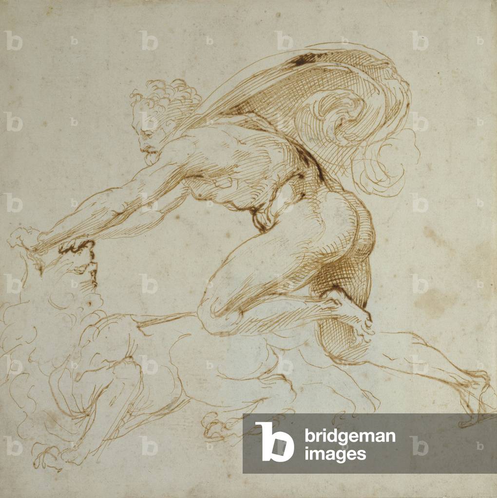Hercules overpowering a Lion (pen and brown ink on white paper)
