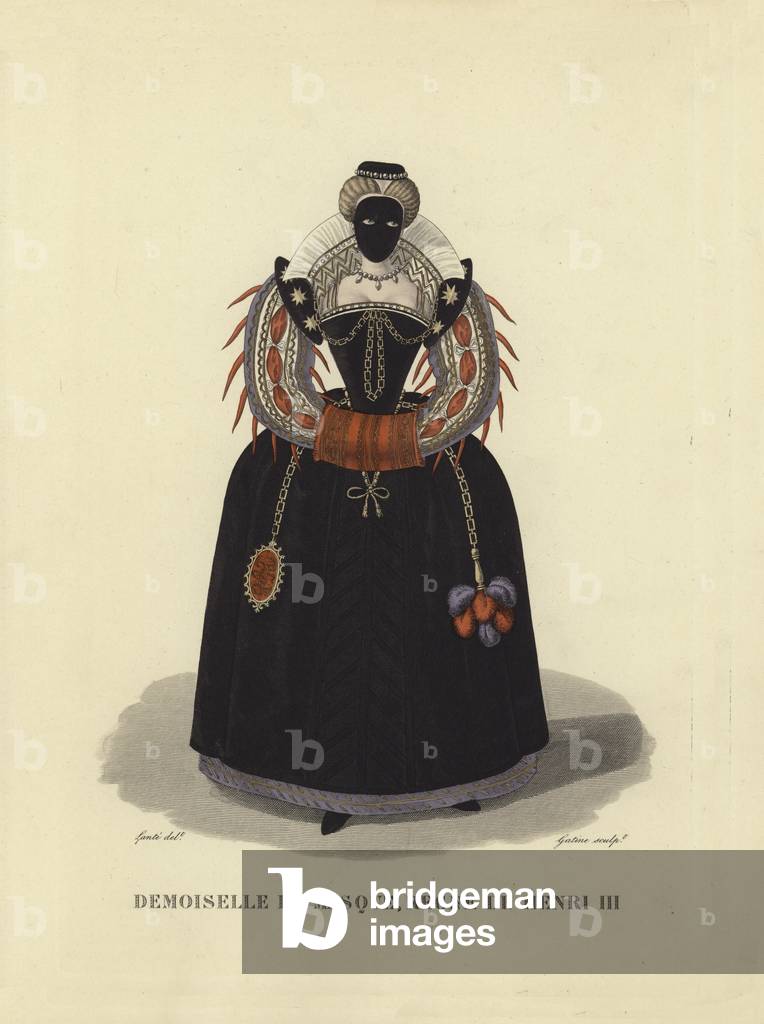 Giovane signora in una maschera, regno di Enrico III di Francia (incisione colorata)