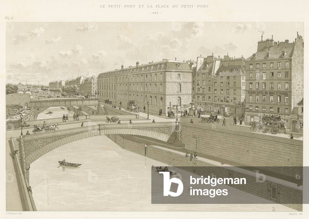 "Le Petit-Pont et la Place du Petit-Pont" 1801 di French School, b/w