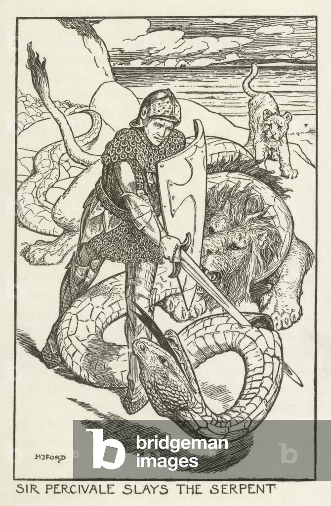 Sir Percivale tue le Serpent (gravure) par Henry Justice Ford, b/w