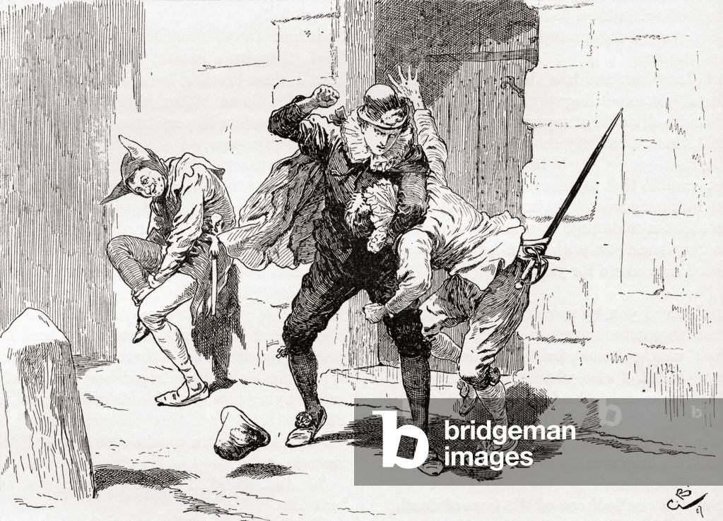 Une scène de la pièce de William Shakespeare 'Twelfth Night' Acte IV, Scène 1, Sebastian (battant Sir Andrew) 