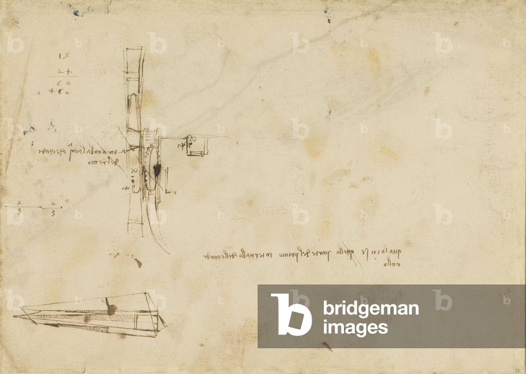Verso: Getriebe, um ein großes Paddelrad zu drehen, und eine andere Maschine, um 1485 (Stift & Tinte auf Papie